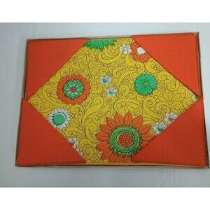 Vtg Victory Place Mat Set With Napkins 70's Floral Orange Yellow Green Groovy